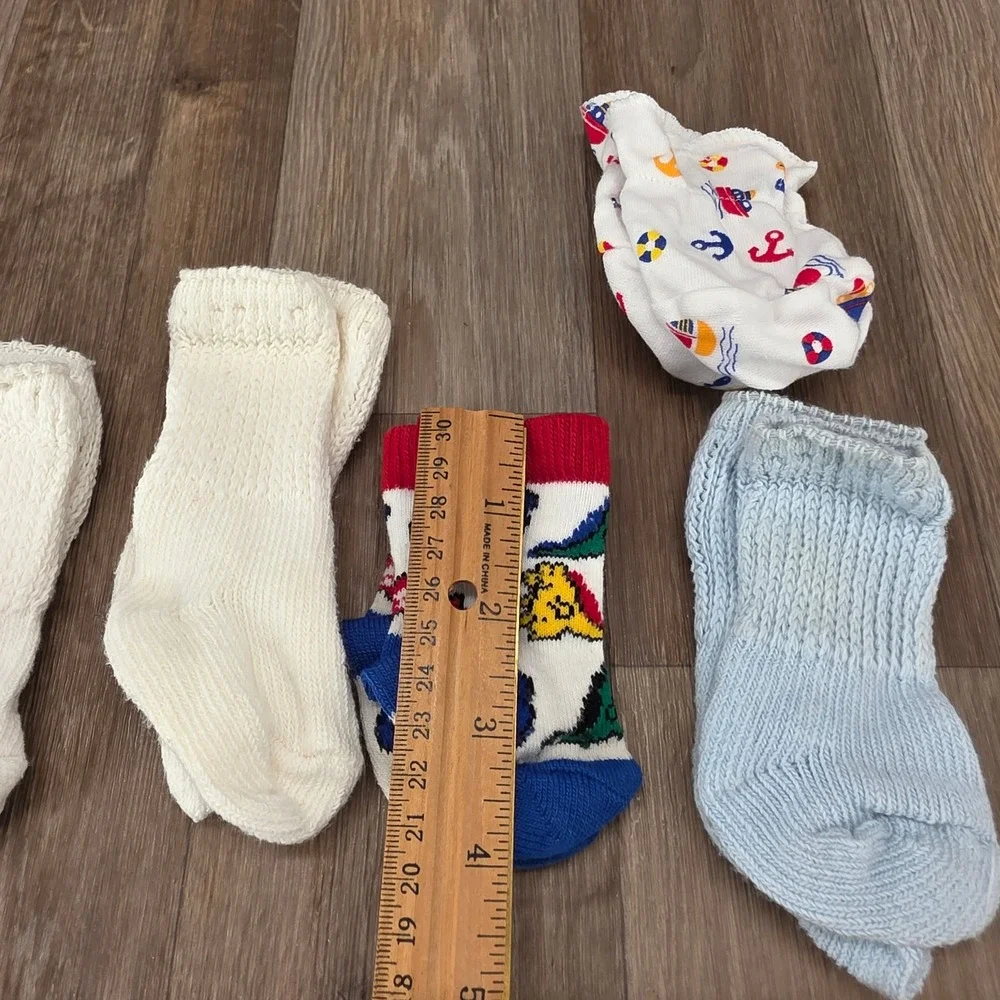 Vtg Baby Boy Sock &‎ Mitten Lot 5 Pairs Dinosaur Nautical Airplane Knit Booties